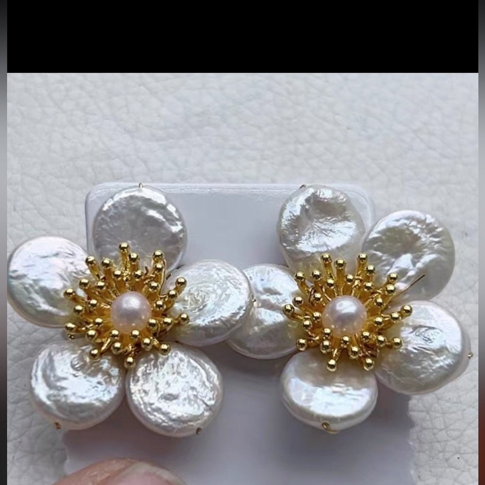 Genuine Freshwater Pearl Flower Earrings Statement Gold Bridal